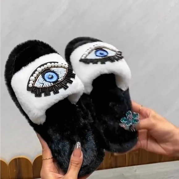 Bejeweled Evil Eye Slippers, Evil Eye Fuzzy Slippers - Picture 5 of 10